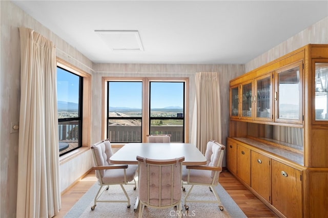 dining space featuring a mountain view, a wealth of natural light, and light hardwood / wood-style flooring