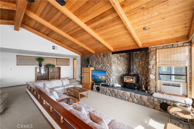 carpeted living room with wooden ceiling, lofted ceiling with beams, a wood stove, and cooling unit