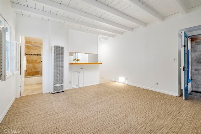 115 Apolena Ave, Newport Beach, CA 92662 - unfurnished living room featuring a heating unit, carpet, beam ceiling, and baseboards
