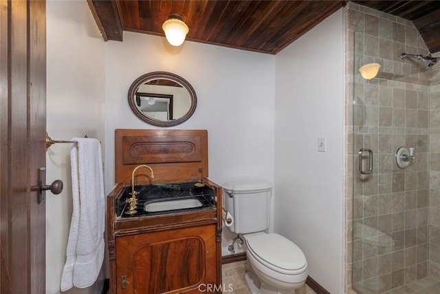 bathroom with tile patterned floors, wood ceiling, vanity, a shower with door, and toilet