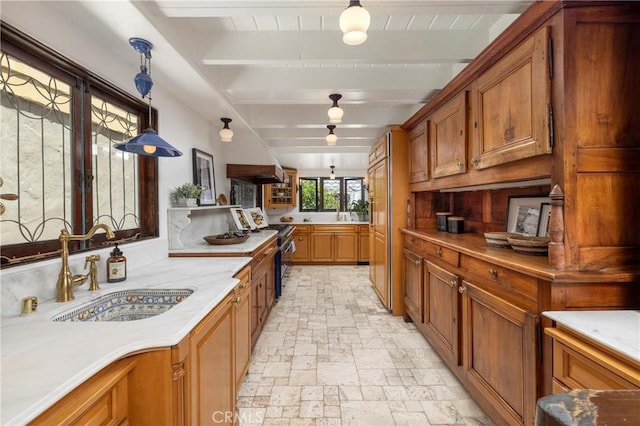 115 Apolena Ave, Newport Beach, CA 92662 - kitchen with stone tile flooring, a sink, beam ceiling, brown cabinets, and gas range