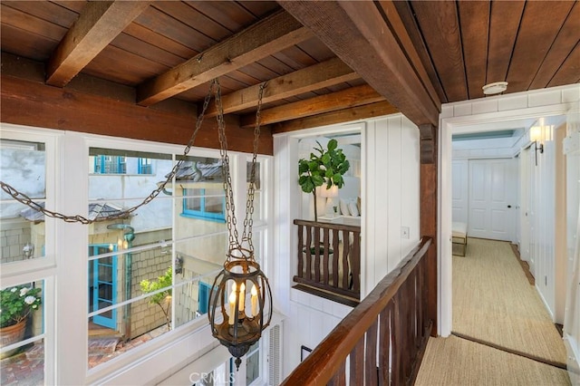 115 Apolena Ave, Newport Beach, CA 92662 - hall with wood ceiling with exposed beams and carpet floors