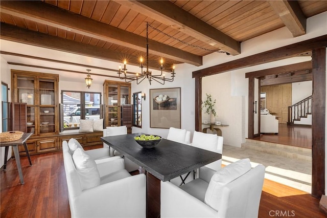 115 Apolena Ave, Newport Beach, CA 92662 - dining room with wood ceiling with exposed beams, a chandelier, stairway, and wood finished floors