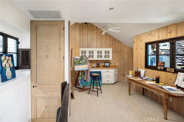 115 Apolena Ave, Newport Beach, CA 92662 - office space featuring a ceiling fan, wooden walls, vaulted ceiling, and light carpet