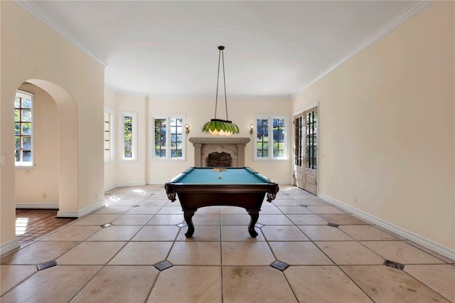 rec room featuring light tile patterned floors, billiards, and ornamental molding