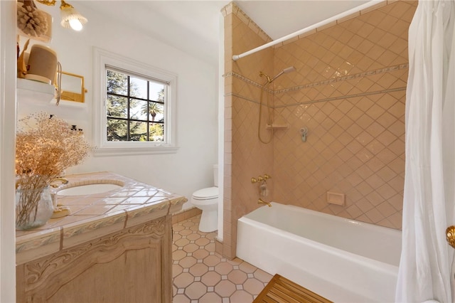 full bathroom with vanity, toilet, and shower / bath combination with curtain