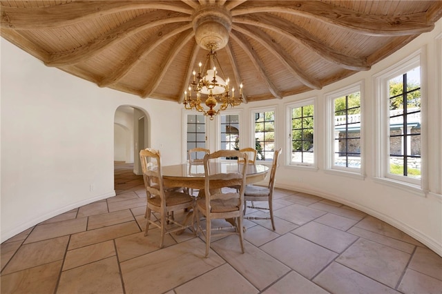 dining space with lofted ceiling with beams, a chandelier, and wooden ceiling