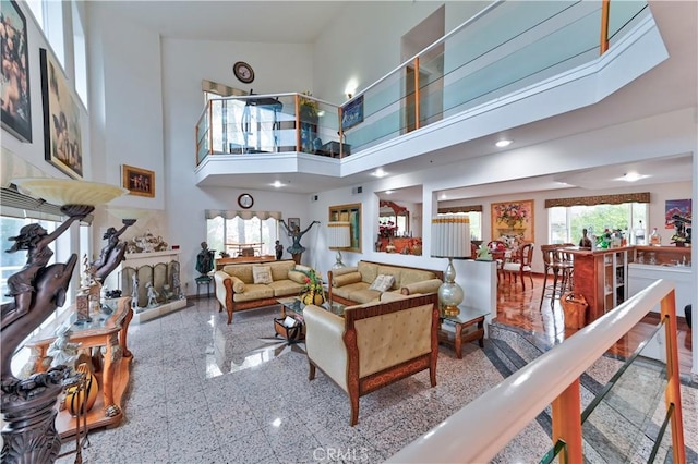 living room with a high ceiling