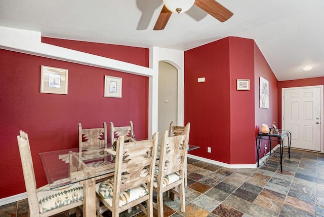 dining area with lofted ceiling and ceiling fan