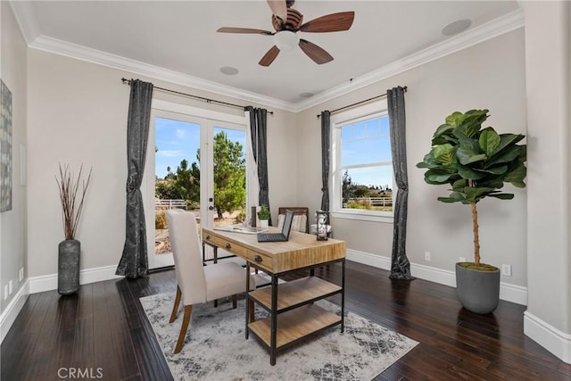 office space with ceiling fan, hardwood / wood-style floors, and crown molding