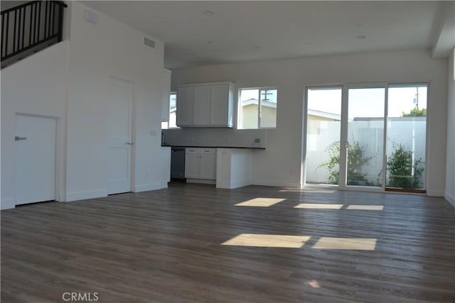 unfurnished living room with a wealth of natural light and dark hardwood / wood-style floors