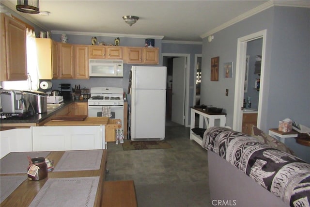 kitchen with white appliances, light brown cabinets, and crown molding