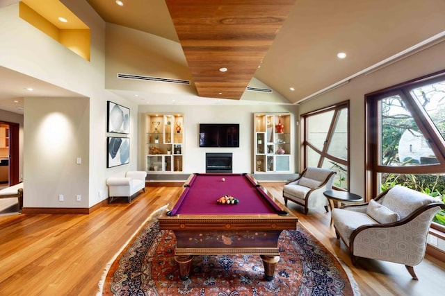 rec room with wooden ceiling, light hardwood / wood-style floors, billiards, built in features, and lofted ceiling