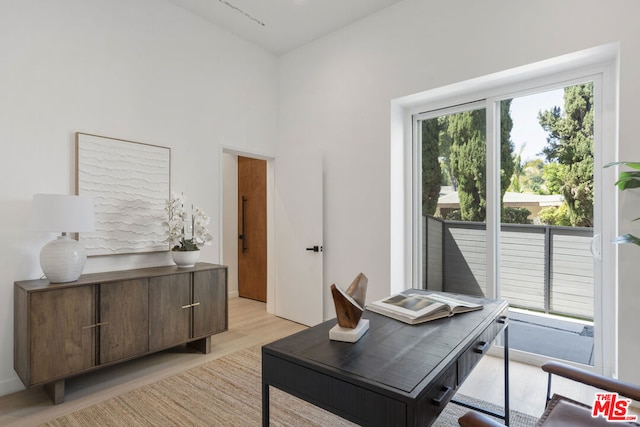 home office featuring light hardwood / wood-style floors