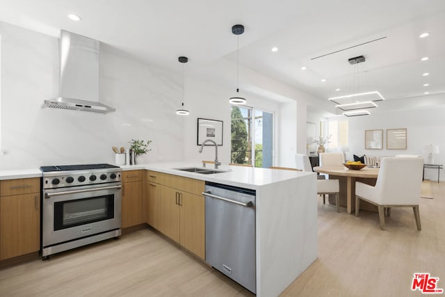 kitchen featuring wall chimney range hood, sink, pendant lighting, light hardwood / wood-style floors, and stainless steel appliances