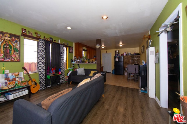 living room with dark wood-type flooring