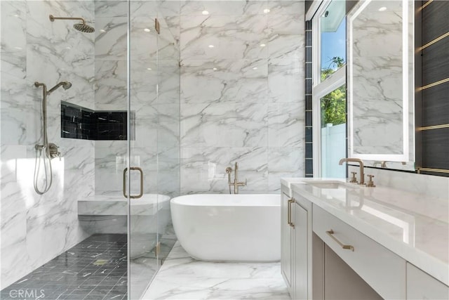 bathroom with vanity, independent shower and bath, and tile walls