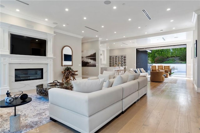 living room with light hardwood / wood-style flooring, ornamental molding, and a premium fireplace