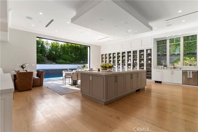 kitchen featuring a healthy amount of sunlight, white cabinetry, a spacious island, and light wood-type flooring