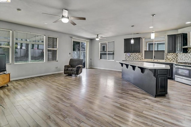 kitchen with pendant lighting, a kitchen breakfast bar, light hardwood / wood-style flooring, stainless steel range, and a kitchen island