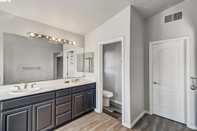 bathroom with vanity, toilet, wood-type flooring, and vaulted ceiling