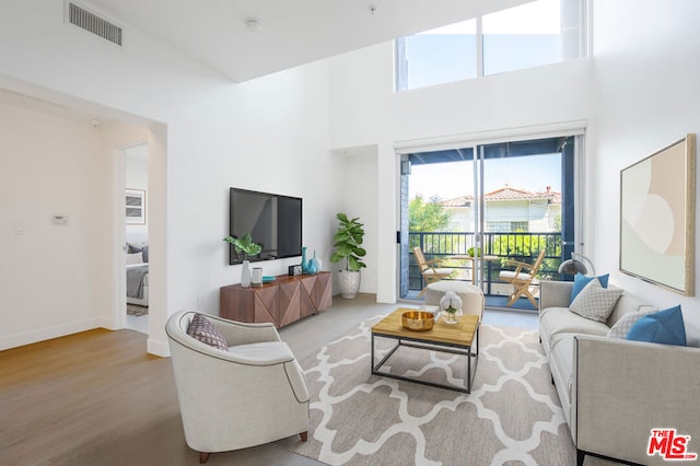 living room featuring light hardwood / wood-style floors, a towering ceiling, and plenty of natural light