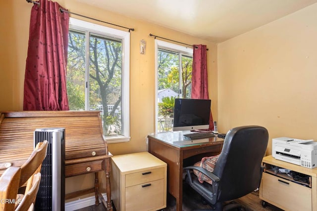 office space featuring dark hardwood / wood-style flooring and radiator heating unit