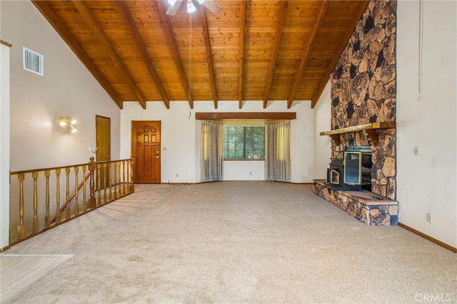 unfurnished living room with carpet, wooden ceiling, high vaulted ceiling, ceiling fan, and beam ceiling