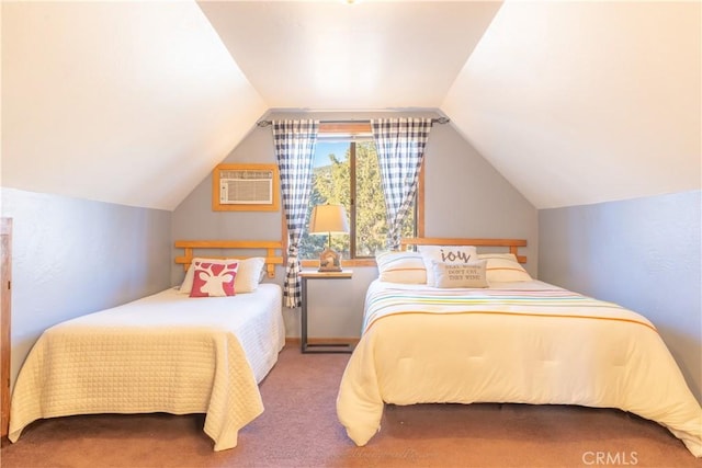 bedroom with carpet, vaulted ceiling, and an AC wall unit