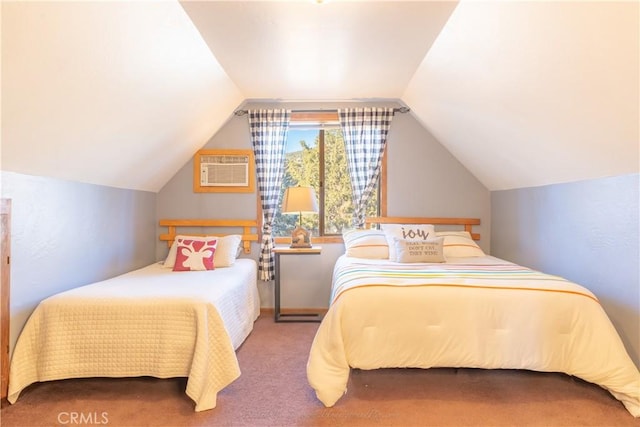 bedroom featuring carpet floors, vaulted ceiling, and a wall unit AC