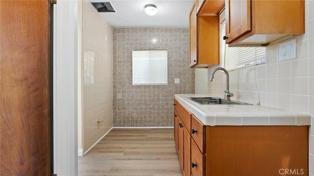 bathroom with backsplash, hardwood / wood-style flooring, tile walls, and sink