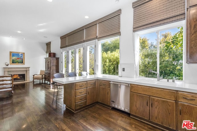 kitchen with kitchen peninsula, stainless steel dishwasher, a wealth of natural light, and dark wood-type flooring