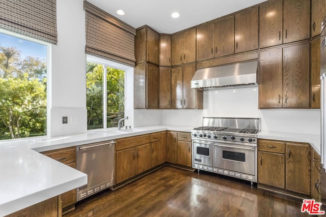 kitchen with sink, appliances with stainless steel finishes, dark hardwood / wood-style flooring, and range hood