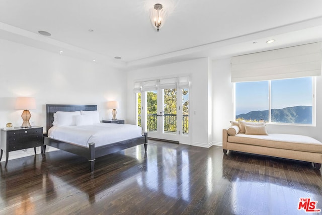 bedroom featuring access to exterior, a mountain view, and hardwood / wood-style flooring