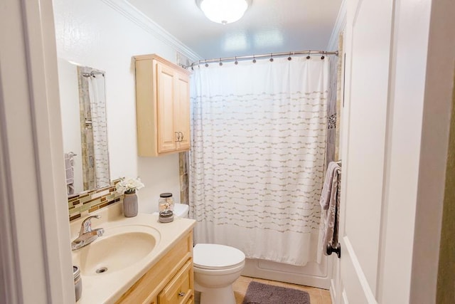 full bathroom featuring tile patterned flooring, vanity, backsplash, ornamental molding, and shower / tub combo with curtain