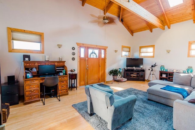 living room with light hardwood / wood-style floors, ceiling fan, wooden ceiling, high vaulted ceiling, and beam ceiling