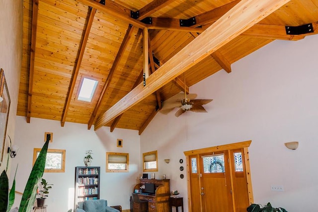 room details featuring wooden ceiling, a skylight, ceiling fan, and beamed ceiling