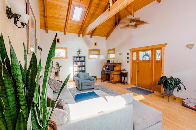 living room featuring wood ceiling, light hardwood / wood-style floors, ceiling fan, high vaulted ceiling, and beamed ceiling