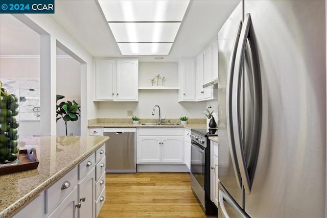 kitchen with light hardwood / wood-style flooring, sink, light stone countertops, white cabinetry, and appliances with stainless steel finishes