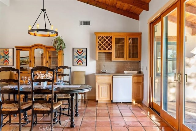 kitchen featuring french doors, wooden ceiling, dishwasher, vaulted ceiling with beams, and hanging light fixtures