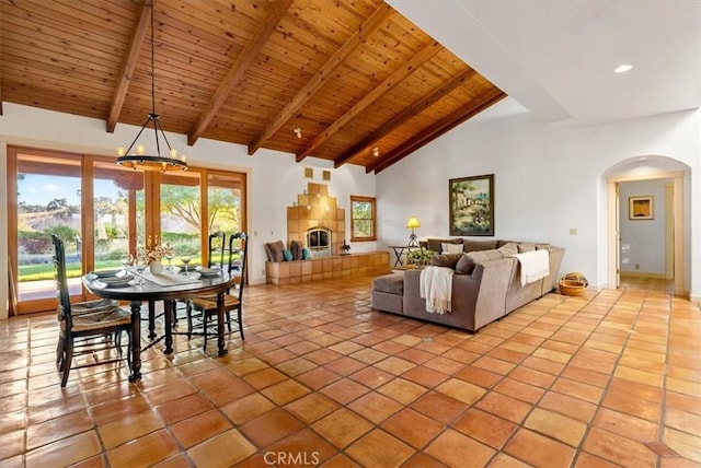 tiled living room featuring beam ceiling, high vaulted ceiling, and wood ceiling