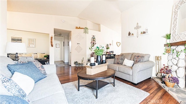 living room featuring lofted ceiling and dark wood-type flooring