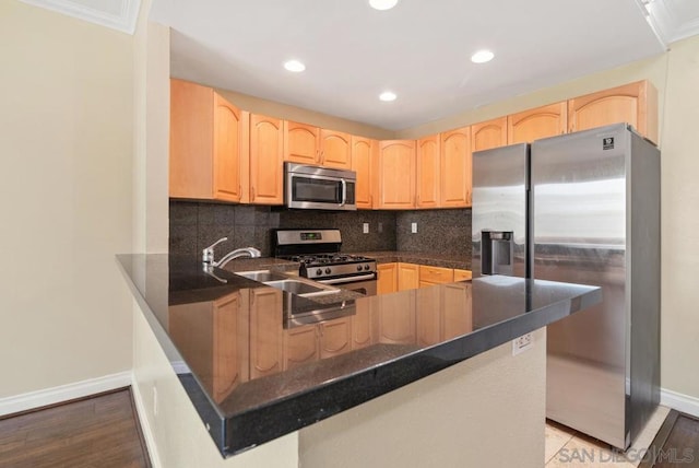 kitchen featuring light hardwood / wood-style floors, backsplash, kitchen peninsula, stainless steel appliances, and light brown cabinetry