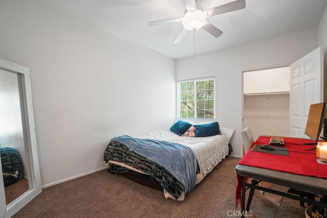 carpeted bedroom with ceiling fan, a closet, and a spacious closet