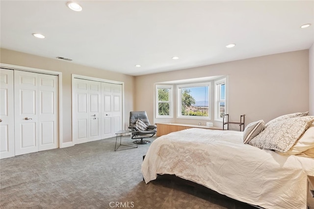 bedroom with carpet and multiple closets