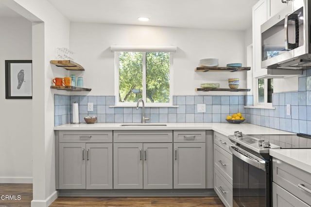 kitchen featuring tasteful backsplash, stainless steel appliances, dark wood-type flooring, sink, and gray cabinets