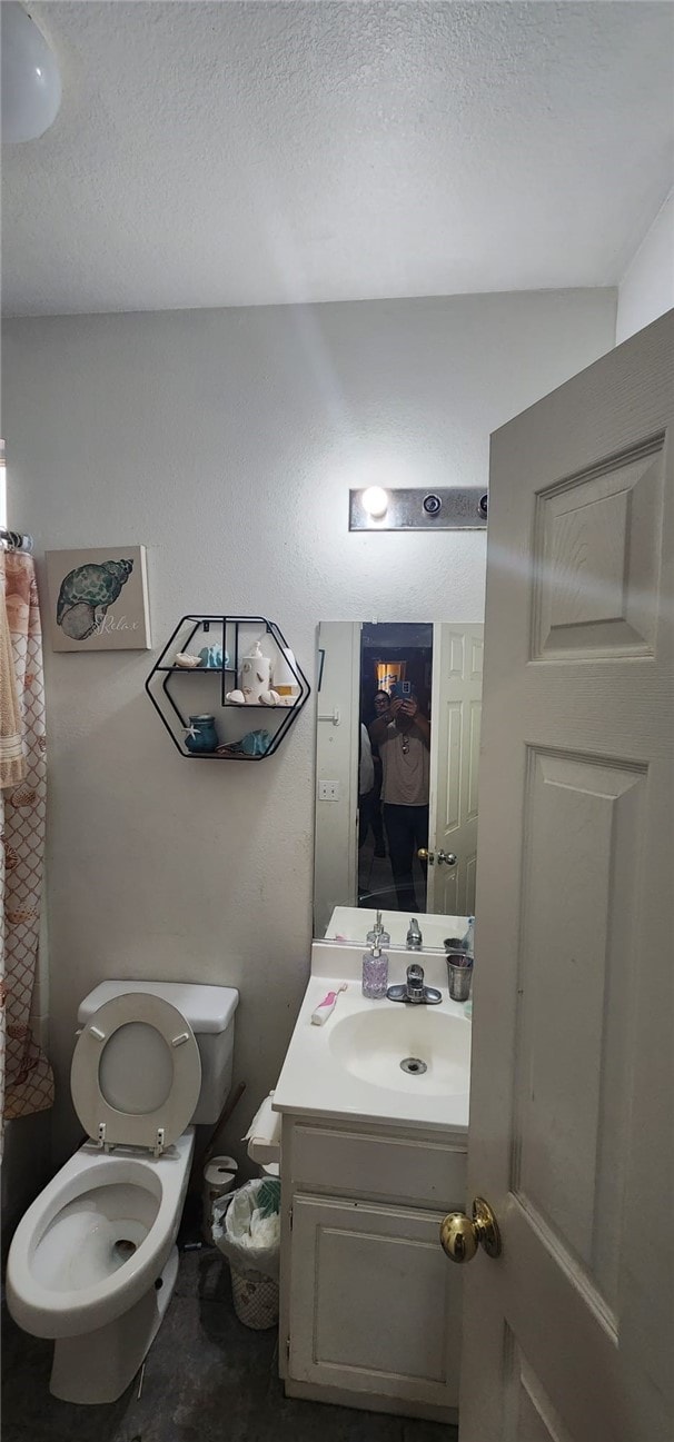 bathroom featuring vanity, toilet, and a textured ceiling