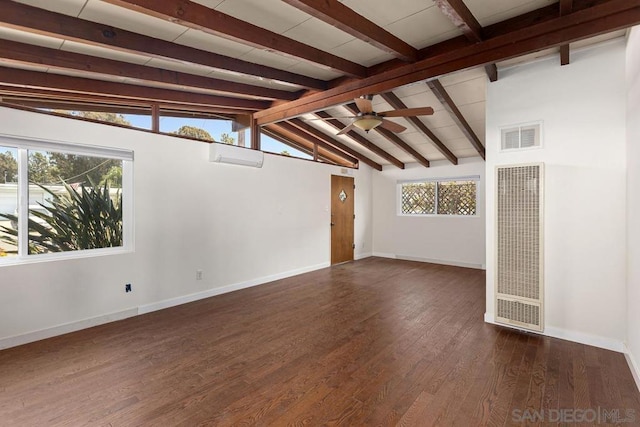 unfurnished living room featuring ceiling fan, dark wood-type flooring, and lofted ceiling with beams