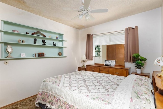 carpeted bedroom with lofted ceiling, ceiling fan, and a textured ceiling