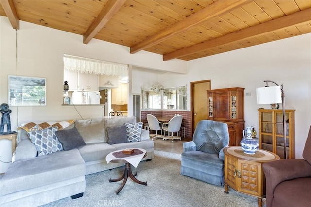 living room featuring wooden ceiling and beam ceiling